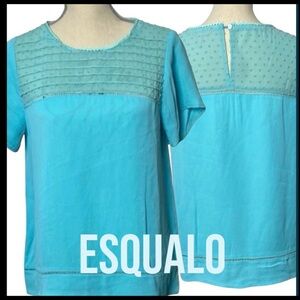 Esqualo Aqua Blue Short Sleeve Sheer Stacked Pleat Top (6)